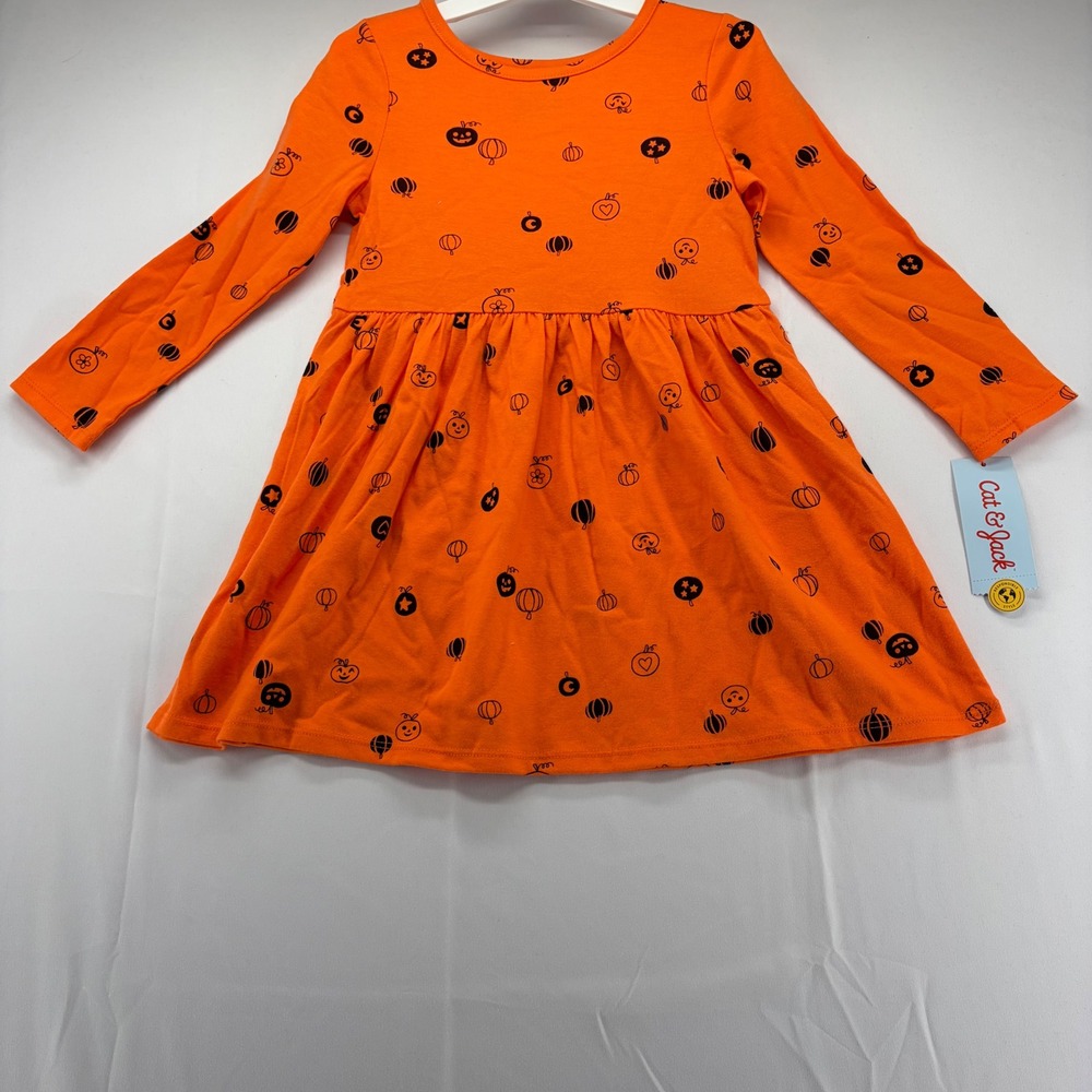 Cat & Jack Girls 4T Orange Pumpkin Print Long Sleeve Knit Dress Halloween